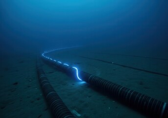 A long line of pipes in the ocean at night