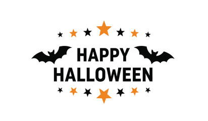 Happy halloween greeting text design featuring silhouetted bats stars and festive ornaments for spooky celebrations and seasonal decorations isolated on white background