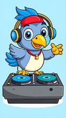 Cute Blue Bird DJ with Headphones and Turntable