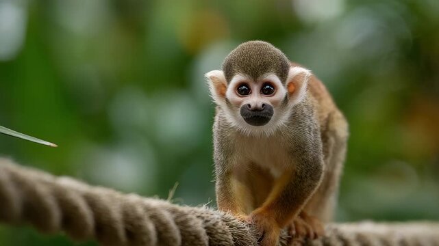 Squirrel monkey moves playfully along the rope, surrounded by vibrant greenery and trees