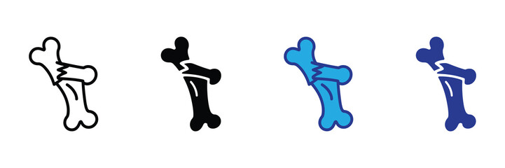 Set of four stylized bone icons in outline, black, light blue, and dark blue, isolated on white background