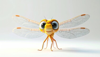 Cute Cartoon Dragonfly with Large Eyes on White Background