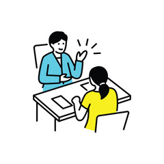 Obraz premium Two people sitting at a table, one person is talking and gesturing with their hand to the other person, illustration