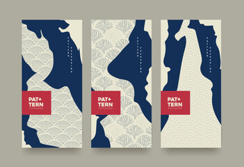 Japanese retro packaging background featuring traditional indigo patterns and cultural motifs in cream and navy tones for heritage branding and premium print