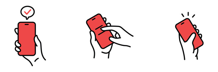 Set of three simple line illustrations showing a hand holding a red smartphone with different actions a checkmark notification, a finger touching the screen, and the phone ringing