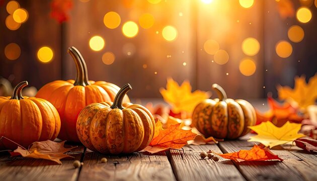 Autumn pumpkins and leaves on rustic wood (2) - Powered by Adobe