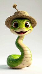 Cute Green Snake Cartoon Character Wearing Straw Hat