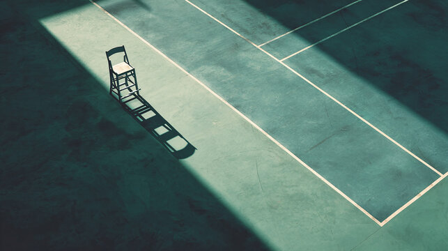 Empty chair casts a shadow on a tennis court, evoking a sense of anticipation and solitude. The stark lines and geometric shapes create a minimalist composition.
