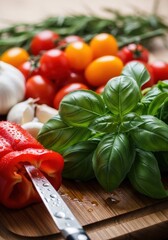 A cutting board topped with fresh vegetables and a knife