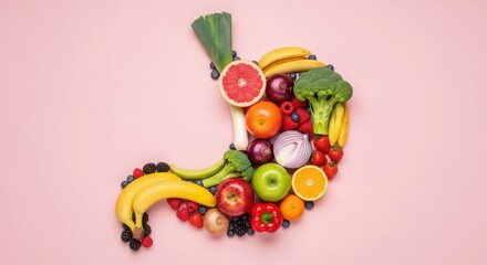 A stomach shape is filled with a vibrant assortment of fresh fruits and vegetables, symbolizing healthy eating and nutrition