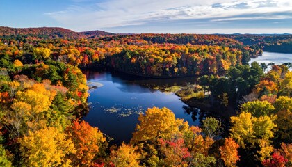 Panoramic autumn view of a lake nestled in colorful foliage