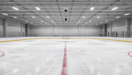 Empty ice hockey rink with a red goal and center ice line