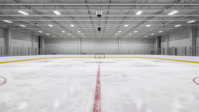 Empty ice hockey rink with a red goal and center ice line