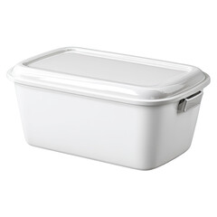 A white rectangular plastic storage container with a matching lid and metallic side clips