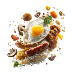 Floating breakfast! Egg, sausage, grains, veggies, and parsley