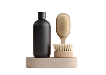 Minimalist hygiene product presentation black bottle & wooden brush on a sandstone block