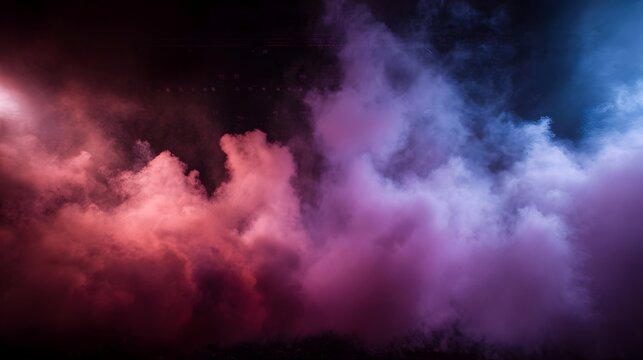 Vibrant colored smoke drifts and swirls illuminated by dramatic red and blue stage lights against a dark background - Powered by Adobe