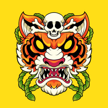 Tiger and skull head cartoon