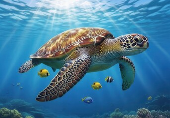 A turtle swimming in the ocean surrounded by fish