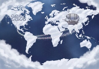 A map of the world with a hot air balloon flying over it