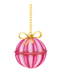 Watercolor holiday ornament.  Tree pink ornament with bow isolated on  white background. New years ball.