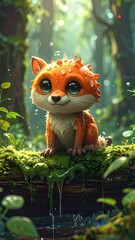 Cute Orange Fox Kit in Rainy Forest
