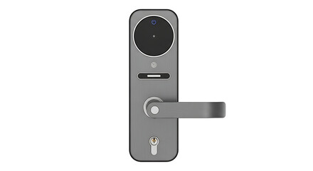 A contemporary grey smart door lock with an integrated camera and digital keypad, offering keyless entry for enhanced home security and automation