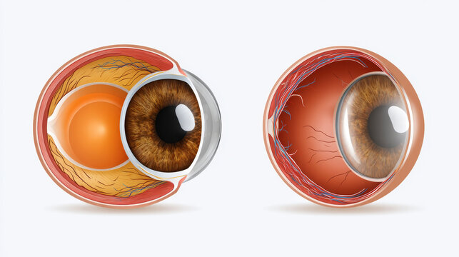 Cataract and prevention concept , Healthy lens cataract eye anatomy cross section brown iris medical diagram comparison vision