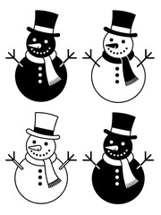 A black and white drawing of snowmen and a snowman, Cheerful smiling snowman character wearing a top hat with stick arms and a carrot nose winter holiday illustration