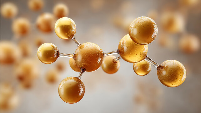 Golden molecule molecular structure vitamin D chemical bonds glossy spheres scientific concept gold background macro