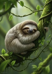 A sloth sleeping on a tree branch in the jungle
