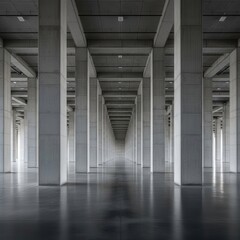 A long hallway with many pillars in a building