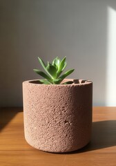 A small succulent plant in a concrete pot on a table