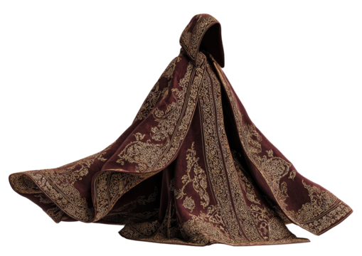 A dark red hooded cloak with elaborate gold embroidery, draped open and floating