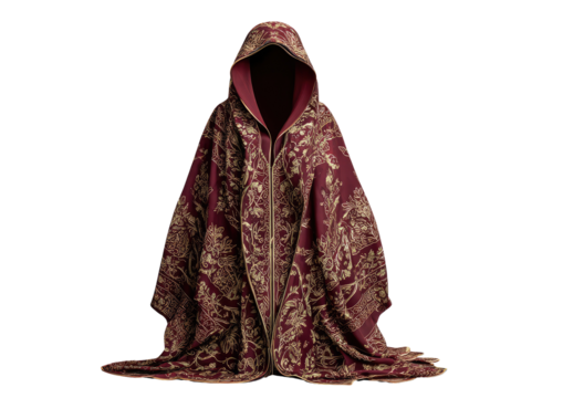 Regal maroon hooded cloak with elaborate gold embroidery, empty interior, isolated on black
