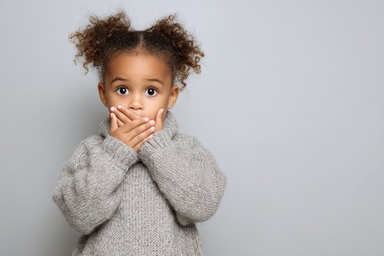 Oops Baby. Little African American Girl Covering Mouth in Shock and Confusion. Childhood Emotion Concept