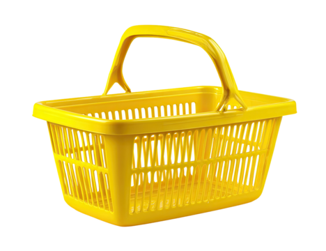 Bright yellow plastic shopping basket with handle, empty, against a black background