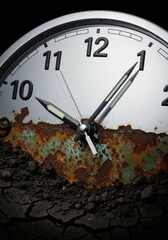 A close up of a clock with rusted metal on it
