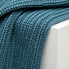 A close up of a blue knitted blanket on a white bench