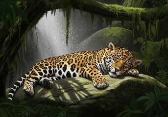 A jaguar sleeping on a rock in the jungle