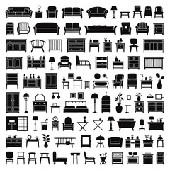 Large Collection of Furniture and Home Decor Silhouettes, Black Silhouette Icons of Household Furniture, Furniture Icons Vector Set, Home Interior Design Elements - Collection of Silhouettes, vector.