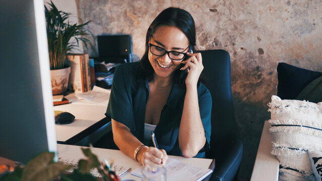 Phone call, remote work and happy woman with notes for virtual assistance, admin planner and contact. Freelancer, home and person on smartphone for talking, online consulting and writing reminder