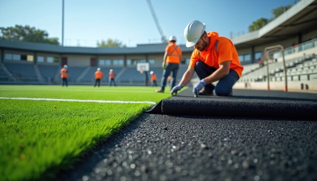 Workers install new artificial turf on football field. Stadium under renovation with grass replacement. Sport arena maintenance with modern tech. Construction team works for new event season