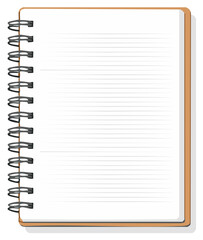 Top down view of a lined notebook with a brown cover and a spiral binding.