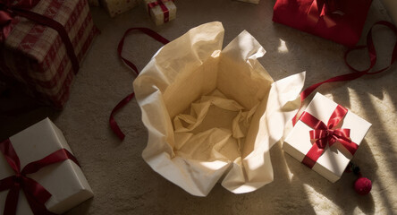 Unboxing gifts, a festive scene with beautiful ribbons and wrapping, perfect for holiday promotions and celebrations, full of joy © xiangan
