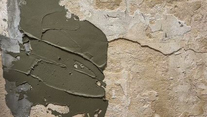 Cracked plaster wall with fresh concrete, evoking ancient storytelling, urban decay aesthetics, and World Architecture Day celebrations