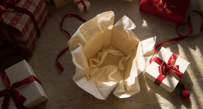 Unboxing gifts, a festive scene with beautiful ribbons and wrapping, perfect for holiday promotions and celebrations, full of joy