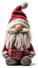 Naklejka premium christmas funny cheerful santa gnome with a very long beard and a hat covering his eyes holiday character, 3d illustration, playful pose isolated on red background, space for text