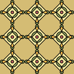 Naklejka premium Geometric seamless tile pattern with golden ornament, textile, rug, graphic, earthy tones.