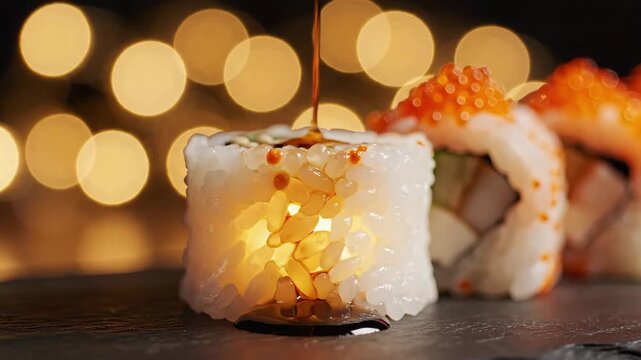 Appetizing Cinematic Close-up of Sushi with Dark Sauce Pouring